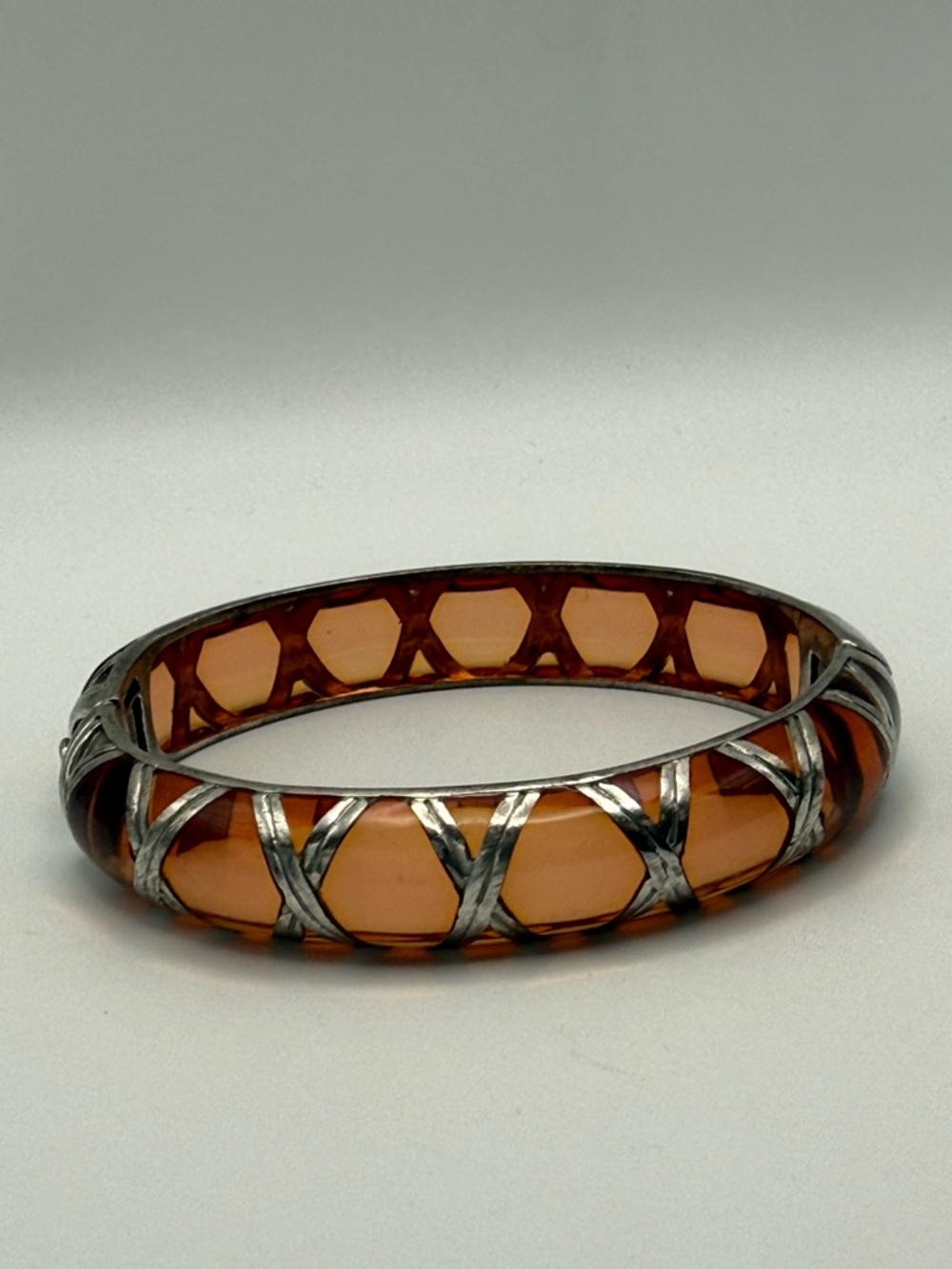 Angelique De Paris Sterling Silver Amber Resin Hinged Bangle Bracelet Vintage